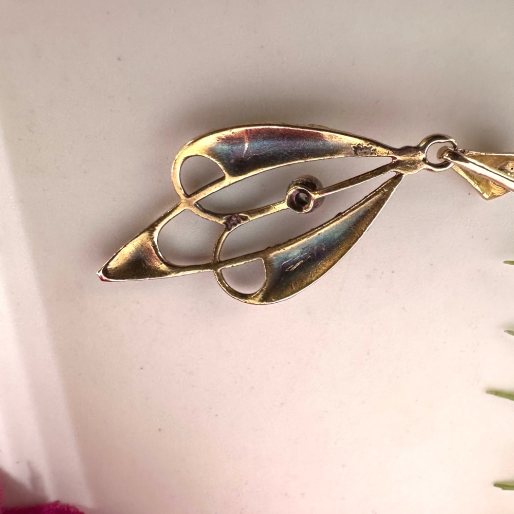 Vintage ⚜️ 14K Gold Enameled Art Nouveau Teardrop Pendant - Picture 8 of 12